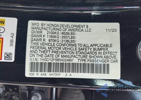 2024 Honda Accord Hybrid Sport from USA, damaged, VIN 1HGCY2F58RA024897